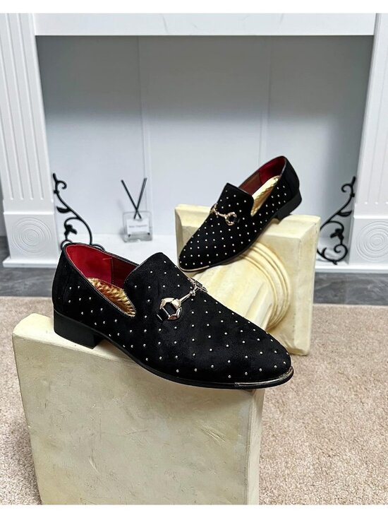 Men\'s Black Suede Leather Loafers Gold Rivet Buckle Slip On Party Dress Shoes main image 5
